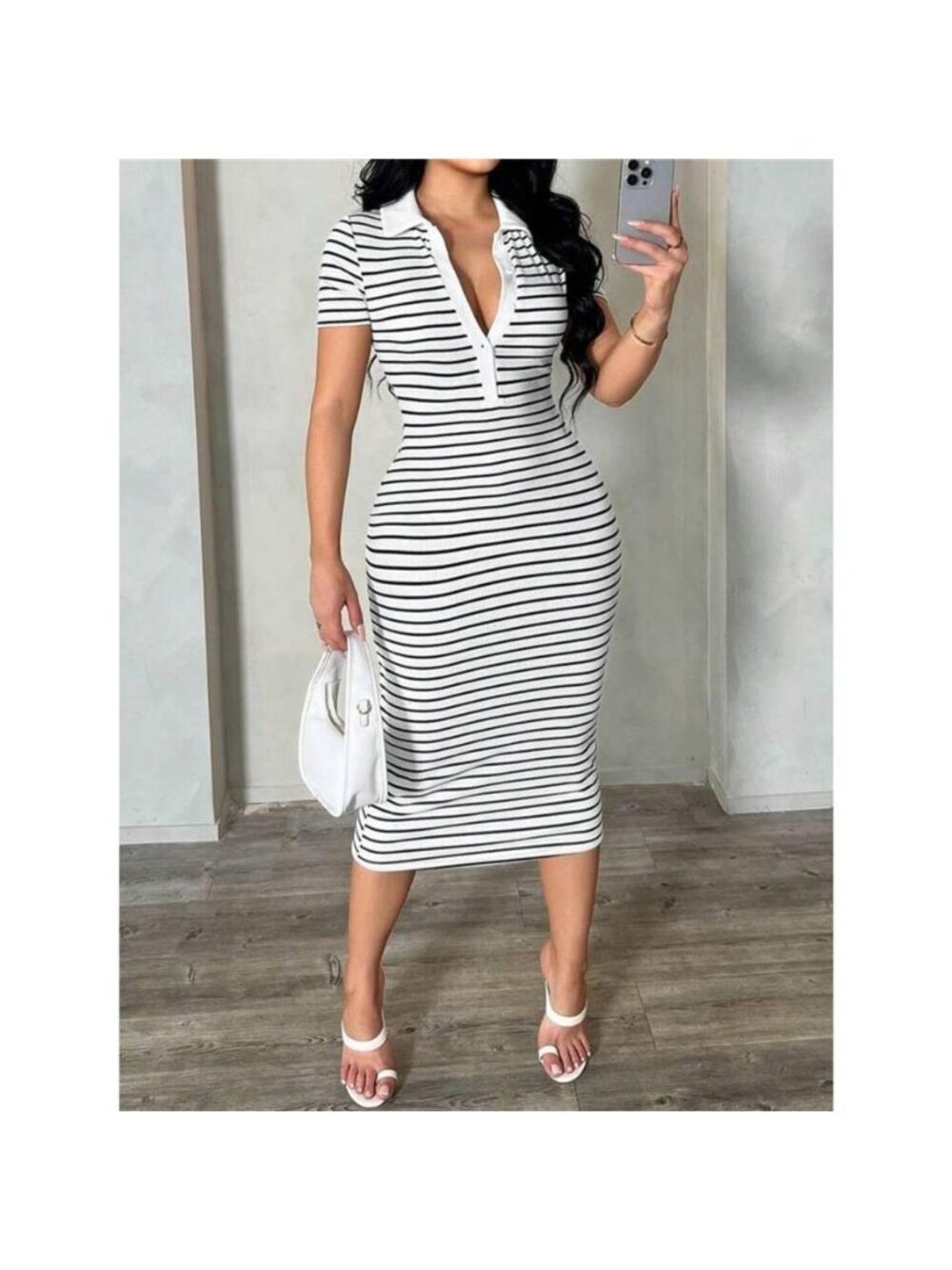 Striped Short Sleeve Bodycon Midi Dress